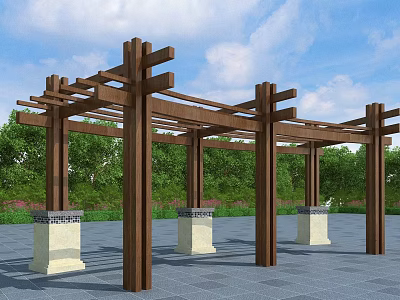 Outdoor Wooden Pergola with Pillars Light Bases Green Trees and Blue Sky 3d model