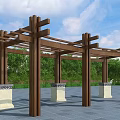 Outdoor Wooden Pergola with Pillars Light Bases Green Trees and Blue Sky