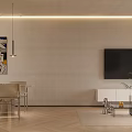 Modern Living Dining Room Interior With Sofa Dining Table Pendant Lights And Decorative Wall