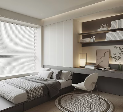 Tatami Bedroom Interior Design With Window Blinds Built in Cabinets Study Desk And Chair 3d model