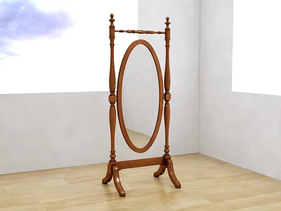Classic Wooden Free Standing Mirror With Carved Stand And White Wall Background 3d model