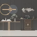 Modern Luxury Console Table With Gold Circular Lights White Mountain Ornaments Greenery Against Dark Walls
