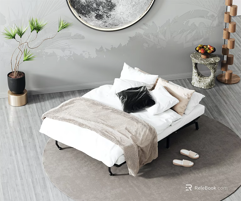 Cozy Double Bed With Pillows Blanket Slippers And Side Table With Fruits On Soft Rug 3d model 