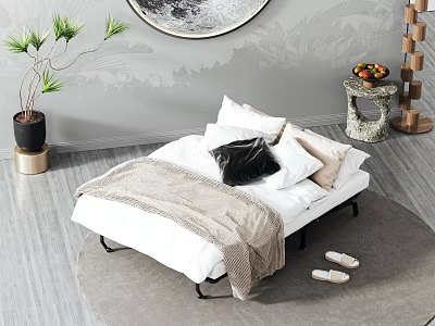 Cozy Double Bed With Pillows Blanket Slippers And Side Table With Fruits On Soft Rug 3d model