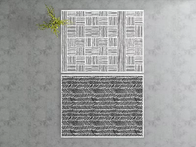 Square Rug with Black White Geometric Woven Patterns on Gray Floor 3d model