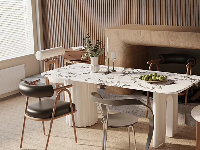 Modern Dining Table Set With Marble Tabletop Green Plants And Wooden Chairs 3d model