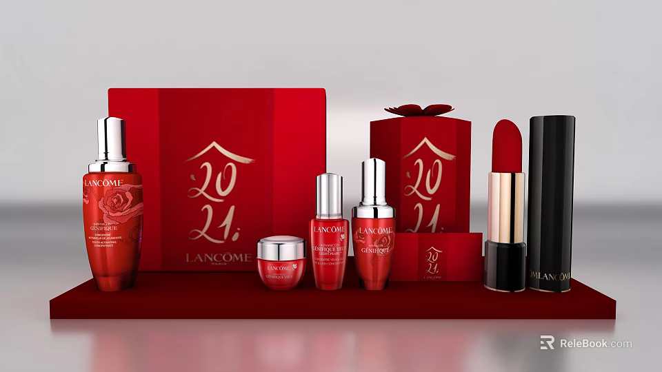 Red Cosmetics Set With Bottles Cream Jars Lipstick And Decorative Gift Boxes 3d model 