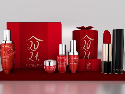Red Cosmetics Set With Bottles Cream Jars Lipstick And Decorative Gift Boxes 3d model