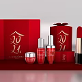 Red Cosmetics Set With Bottles Cream Jars Lipstick And Decorative Gift Boxes 3d model
