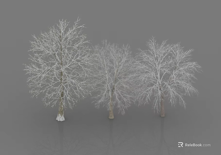 Three Snow Covered Leafless Trees with Brown Trunks Against Gray Background 3d model