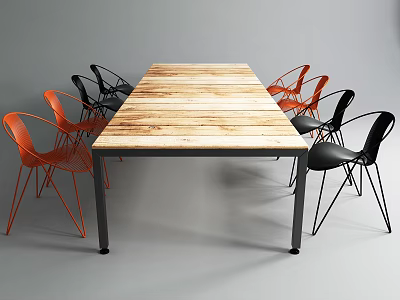 Modern Dining Table Set With Wooden Top Metal Frame And Orange Black Chairs 3d model