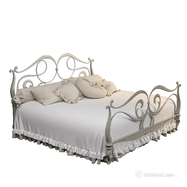 Double Bed With White Wrought Iron Frame With Curved Scroll Designs And Ruffled Bedspread 3d model 