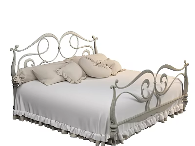 Double Bed With White Wrought Iron Frame With Curved Scroll Designs And Ruffled Bedspread 3d model