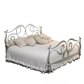 Double Bed With White Wrought Iron Frame With Curved Scroll Designs And Ruffled Bedspread 3d model