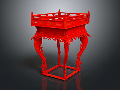 Traditional Chinese Red Carved Wooden Table With Intricate Carvings Decorative Legs And Railings 3d model