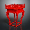 Traditional Chinese Red Carved Wooden Table With Intricate Carvings Decorative Legs And Railings