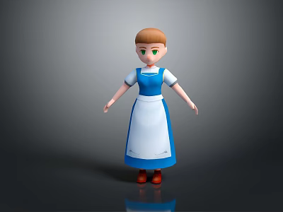 3D Game Movie Character with Brown Hair Green Eyes Blue White Maid Outfit Red Shoes 3d model
