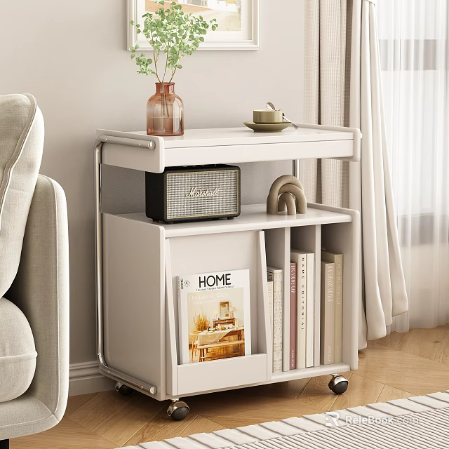 White Entryway Side Cabinet with Metal Frame Wheels Plant Vase Teacup Books and HOME Decor 3d model 