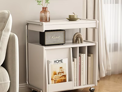 White Entryway Side Cabinet with Metal Frame Wheels Plant Vase Teacup Books and HOME Decor 3d model