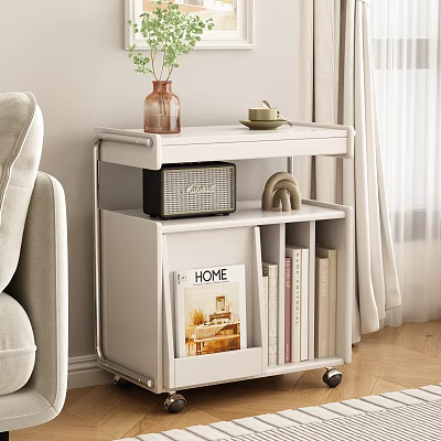 White Entryway Side Cabinet with Metal Frame Wheels Plant Vase Teacup Books and HOME Decor 3d model