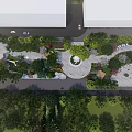 Park Landscape With Tent Like Canopy White Tables Chairs Stone Paved Area Green Trees