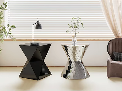 Sleek Geometric Side Tables Black and Silver with Table Lamp and Flower Vase in Living Room 3d model