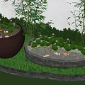 Ceramic and Stone Fish Tanks with Lotus Plants and Goldfish in Garden Setting