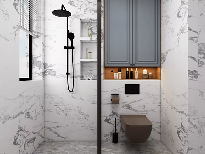 Modern Bathroom Toilet Interior Design With Gray Cabinets Marble Walls And Shower Area 3d model