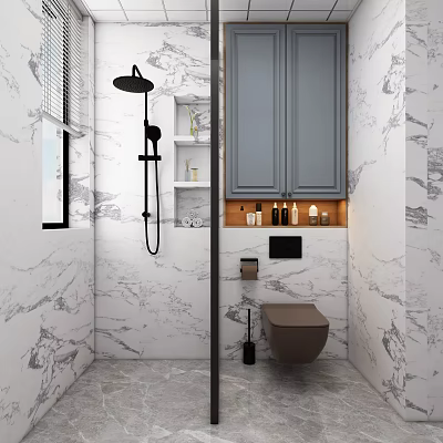 Modern Bathroom Toilet Interior Design With Gray Cabinets Marble Walls And Shower Area 3d model