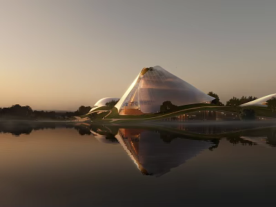 Modern Museum Building with Glass Pyramid Structure and Water Reflection at Sunset Surrounded by Trees 3d model