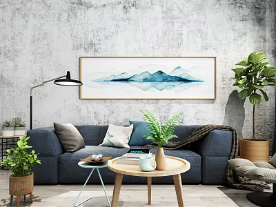Cozy Gray Sofa Coffee Table Set With Decorative Pillows Wall Landscape Painting And Green Plants 3d model