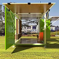 Modern Green Garden Landscape Structure In Grassland With Transparent Walls Urban Backdrop