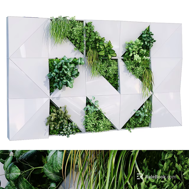 Modern Green Plant Wall Design With White Geometric Panels And Lush Foliage Arrangement 3d model 