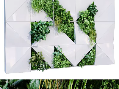 Modern Green Plant Wall Design With White Geometric Panels And Lush Foliage Arrangement 3d model