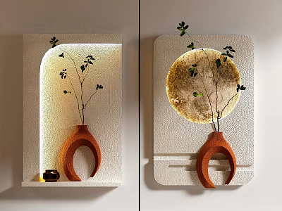 Modern Wall Decor Featuring Orange Curved Base Branch Decoration and Circular Moon Pattern 3d model