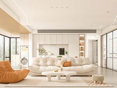 Modern Living Dining Room Open Layout With White Sofa Orange Armchair And Lighting 3d model