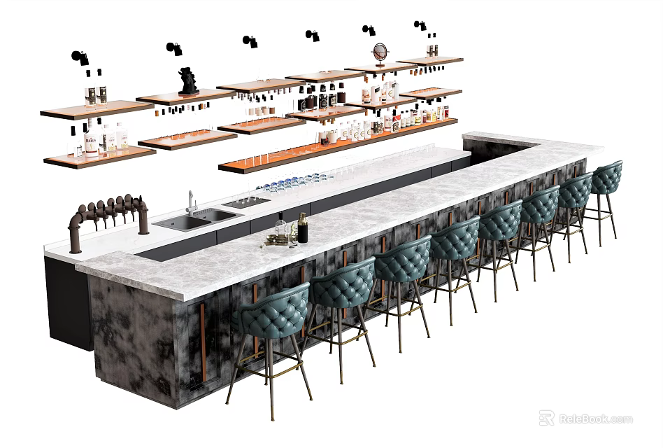 Modern Bar Interior With Marble Countertop Backbar Shelves Wine Bottles And Upholstered Stools 3d model 