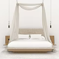 Modern Double Bed Design With Wooden Frame White Canopy And Soft Headboard