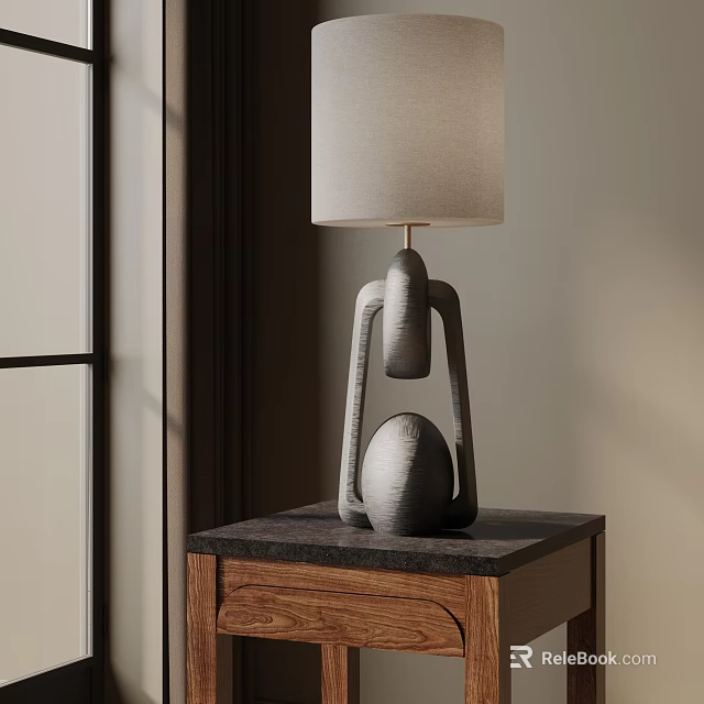 Artistic Table Lamp With Linen Shade Unique Sculpted Base On Wooden Nightstand Dark Top 3d model 