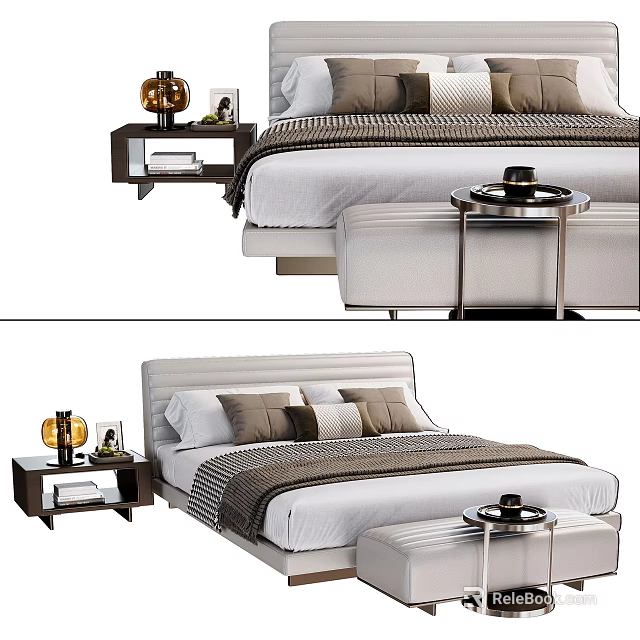 Modern Double Bed with Bedside Table Table Lamp Pillows and Bed Bench 3d model