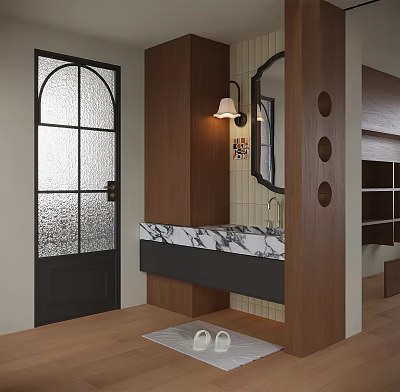 Modern Bathroom Interior Design With Glass Door Wooden Cabinets Mirror And Marble Countertop 3d model