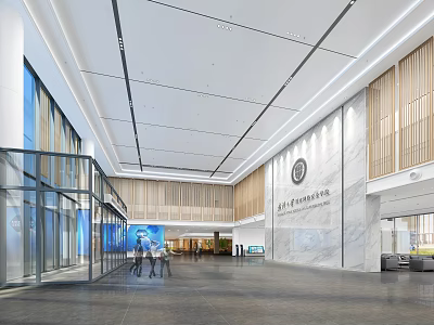 Modern Lobby Front Desk With Marble Wall Glass Doors And Wooden Panels 3d model