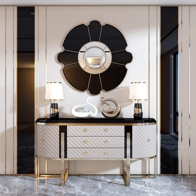 Elegant Modern Entryway Console Table With Decorative Mirror Table Lamps And Gold Accent Drawers 3d model 