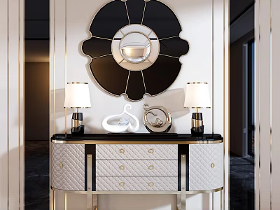 Elegant Modern Entryway Console Table With Decorative Mirror Table Lamps And Gold Accent Drawers 3d model