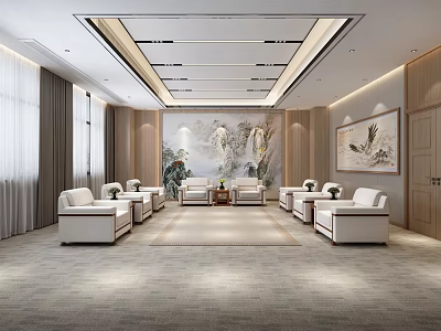 Spacious Bright Hotel Public Lounge Area With White Sofas Carpet Decorative Paintings Wooden Lighting Design 3d model