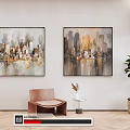 Modern Interior With Cityscape Paintings Brown Chair Side Table And Green Plant