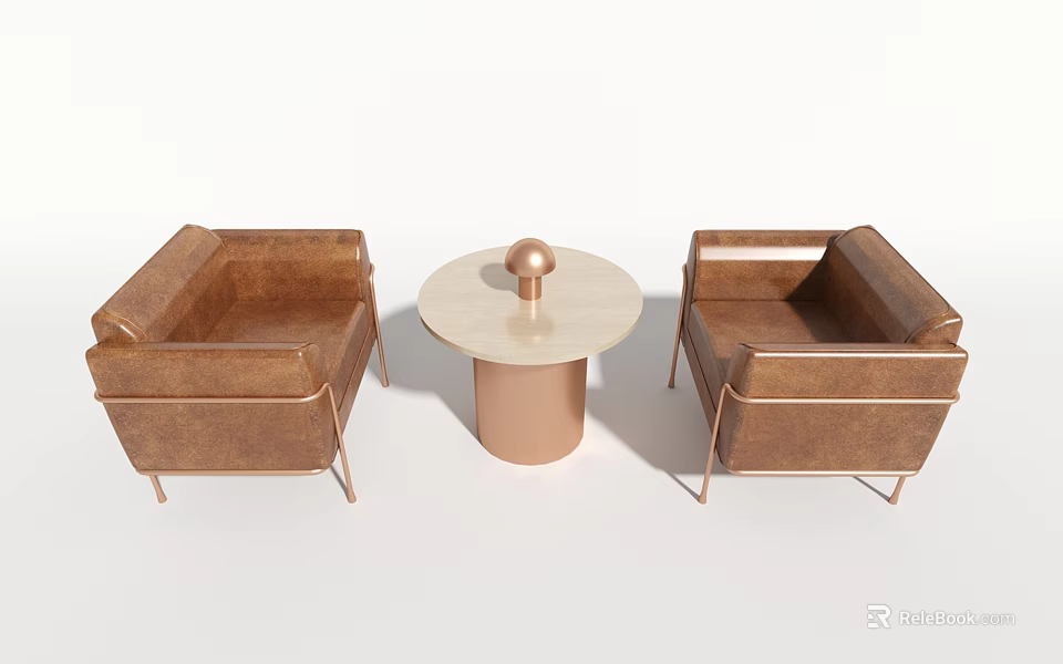 Brown Leather Single Sofa With Metal Legs And Round Coffee Table Wooden Top 3d model 