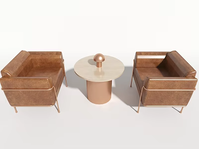 Brown Leather Single Sofa With Metal Legs And Round Coffee Table Wooden Top 3d model