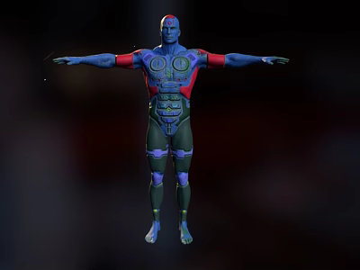 Blue Skinned Character Wearing Red And Green Bodysuit With Outstretched Arms Floating 3d model