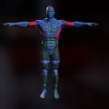 Blue Skinned Character Wearing Red And Green Bodysuit With Outstretched Arms Floating